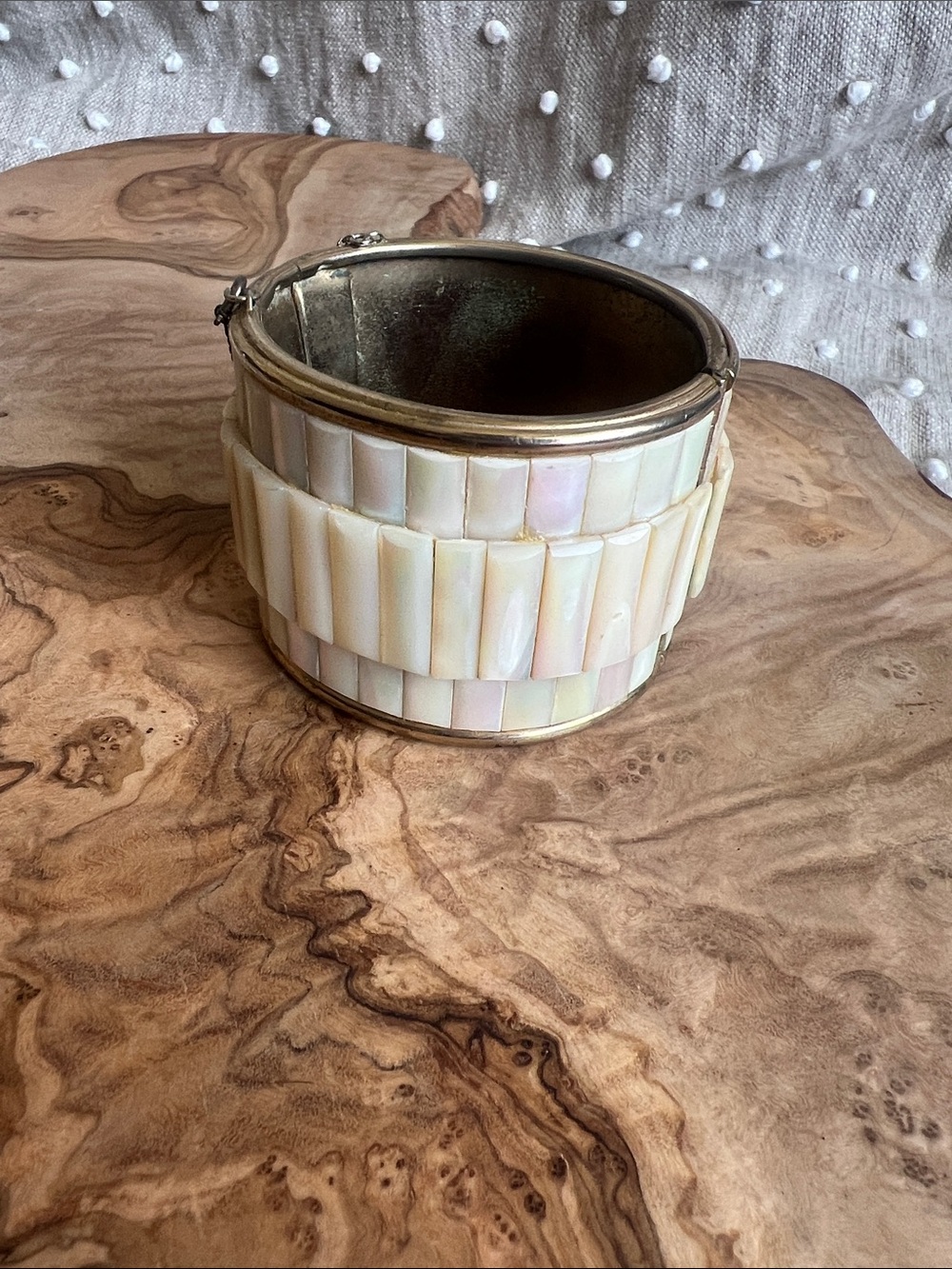 Antique 1940s Inlaid Mother-of-Pearl and Brass Cuff Bracelet with safety clasp